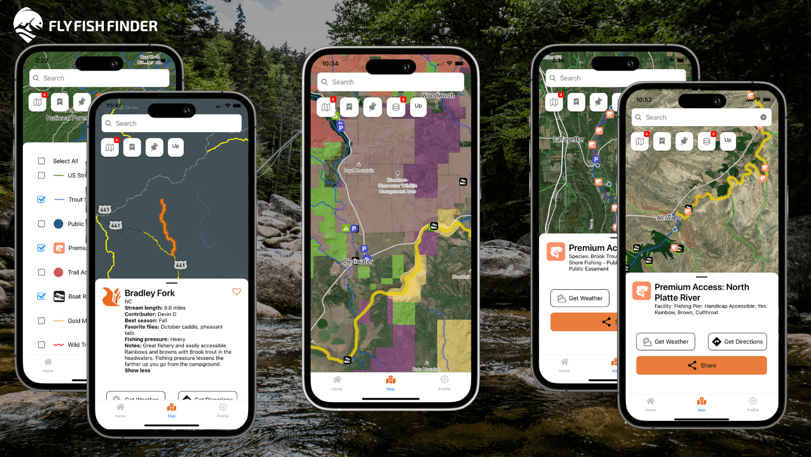 FlyFishFinder - app screen visuals showing the mapping tools for public lands, premium fishing access areas and more